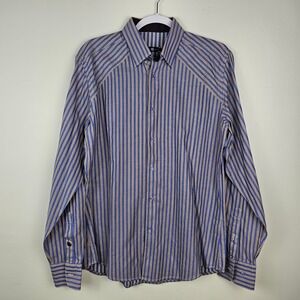 Stone‎ Rose Button Up Men Gold Blue Stripe Black Rivet Collection Striped